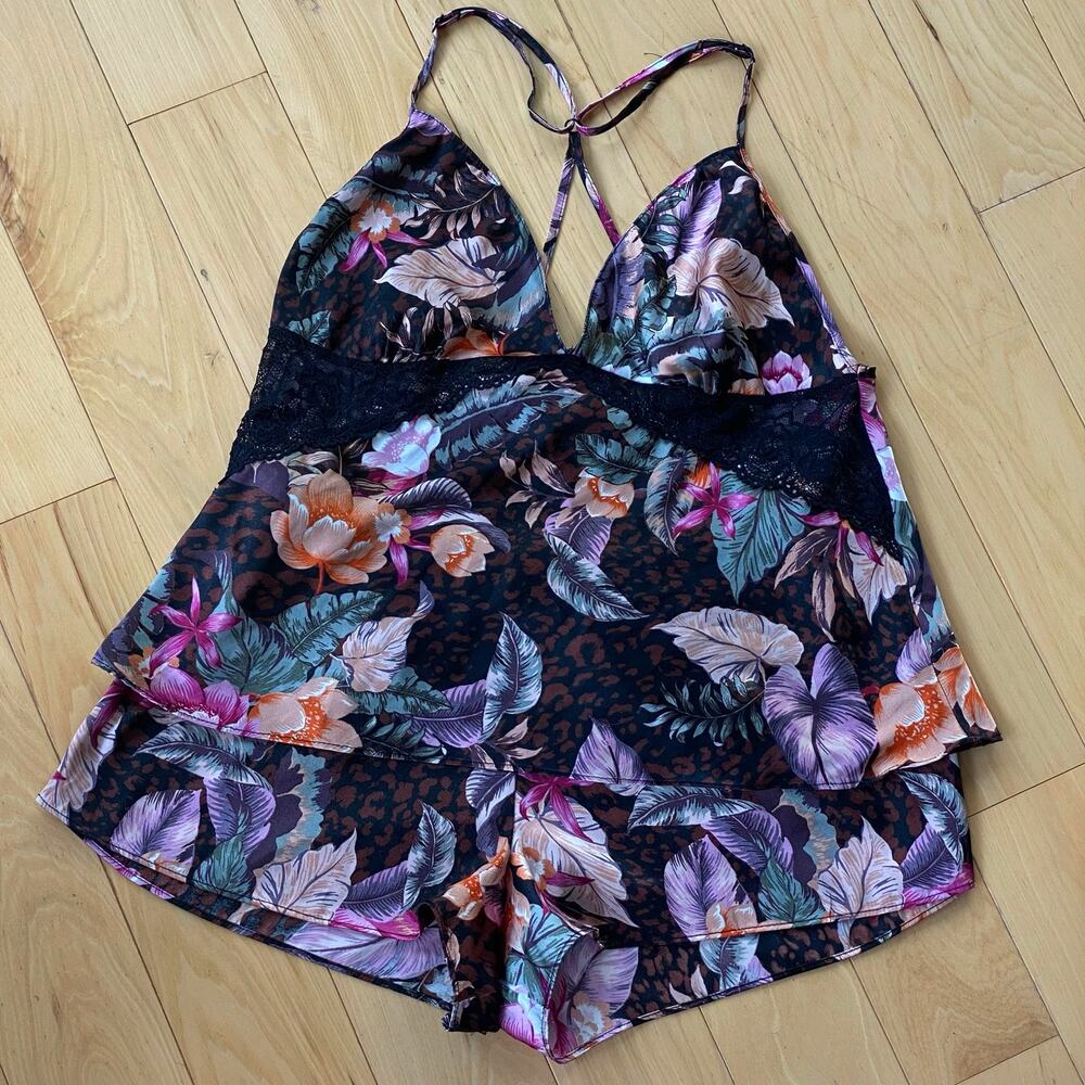 Dark Femme Romantic Floral Satin Set Lace Trim Cami Shorts Whimsigoth Large